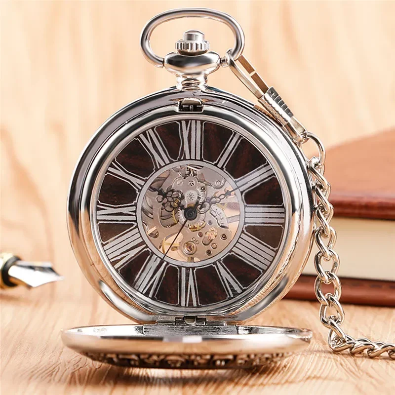 Vintage Hollow Case Men Women Skeleton Handwind Mechanical Pocket Watch Retro Clock with Fob Pendant Chain Roman Numeral Dial
