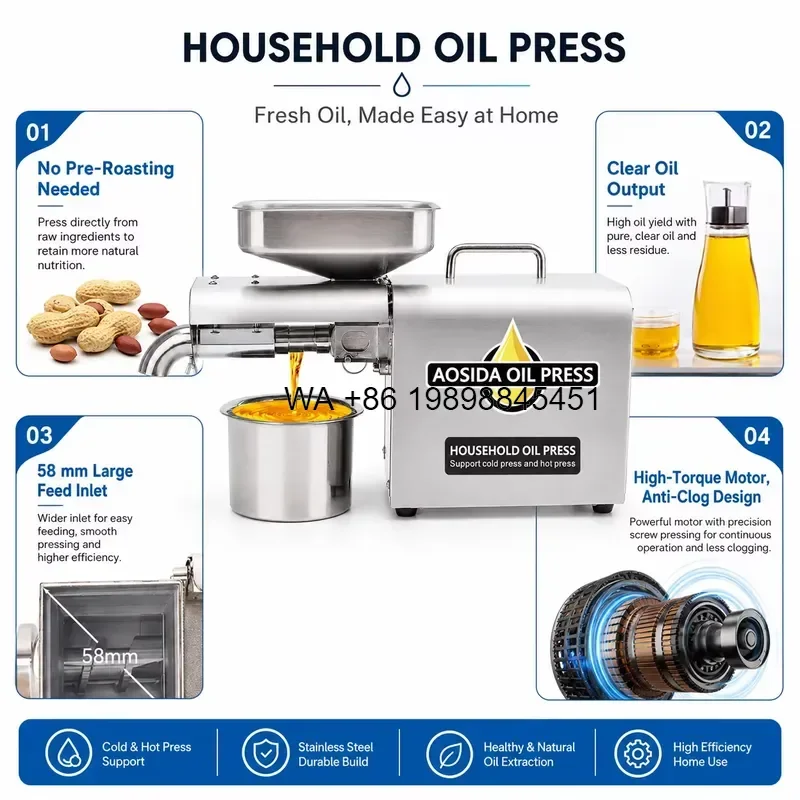 Wmwmnu New Wholesale Fully Automatic Smart Home Compact Stainless Steel Oil Press for Use 110V 220V 1501ml Plus