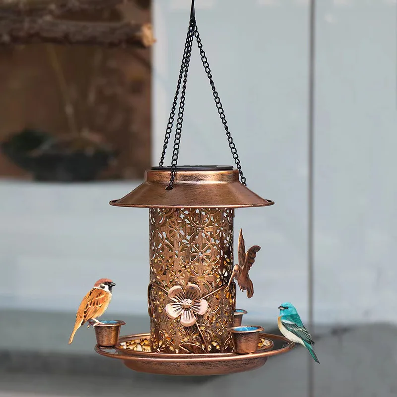 

Outdoor Solar Powered Light Metal Suspended Bird Feeder Dual Purpose Feeding and Watering Courtyard Garden Decorative Light