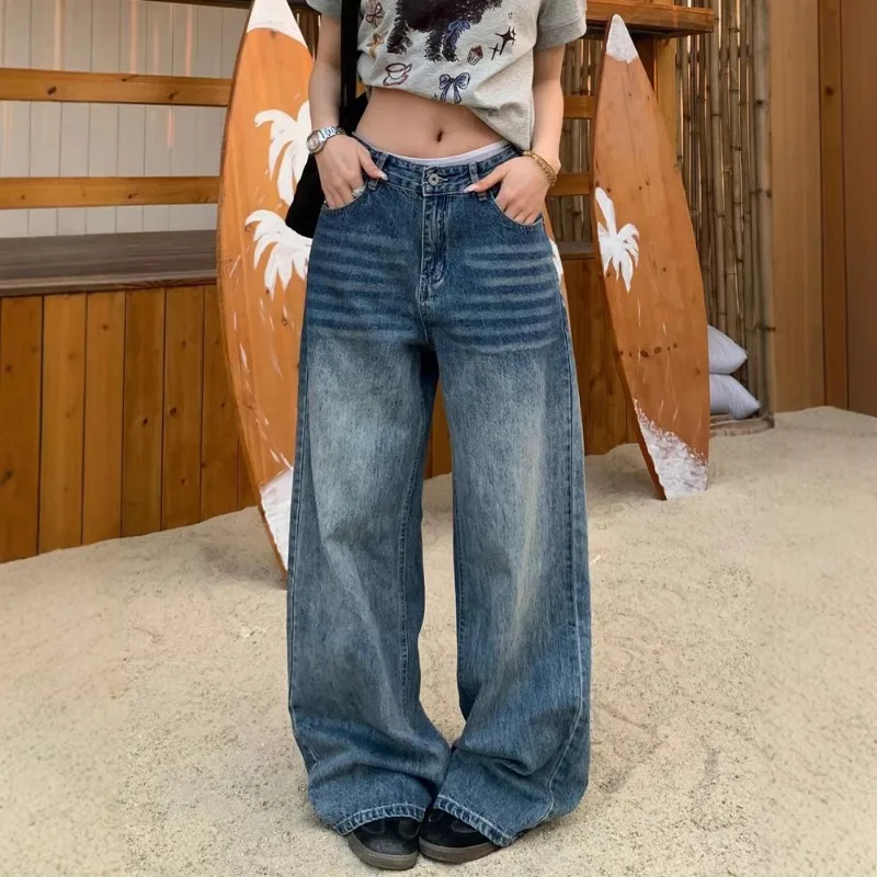 Large Size American Star Print Washed Wide Leg Jeans Women Spring Trendy Versatile Straight Floor Mopping Pants With Drape