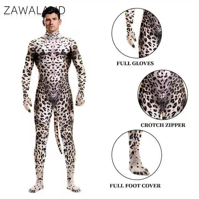 Zawaland Cheetah Cosplay Traje com Cauda para Homens e Mulheres Macacões de Dia das Bruxas Leopardo Catsuit Zentai Animal Bodysuits Virilha