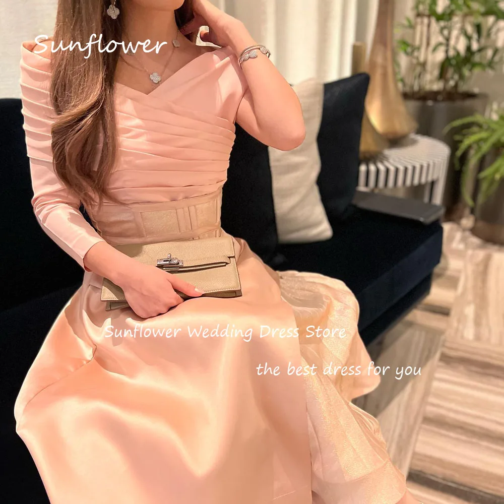 Sunflower Pink Simple Off The Shoulder Pleat A-LINE Formal Evening Dress Saudi Arabia 2024 Slim Satin Ankle-Length Prom Dress