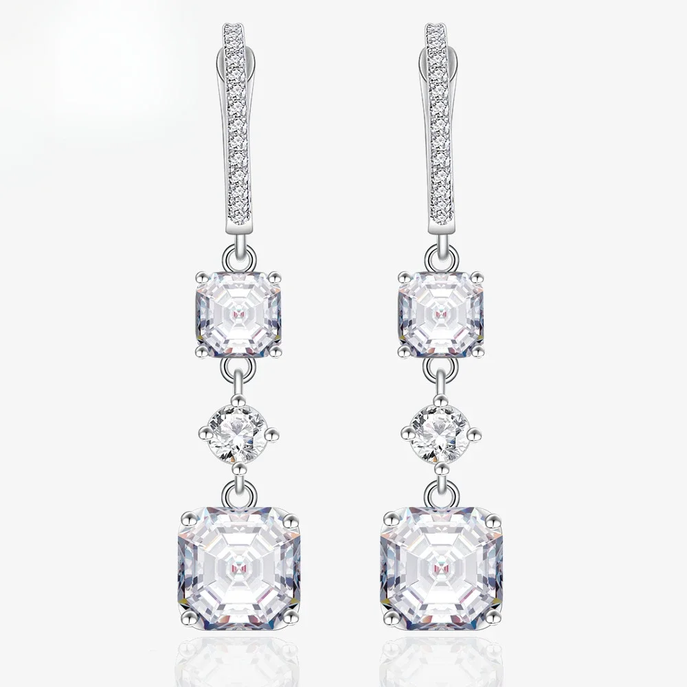 9 * 9 Ass Cut High Carbon Diamond Long Earrings 925 Sterling Silver Square Chamfered Sugar Tower Earrings European and American