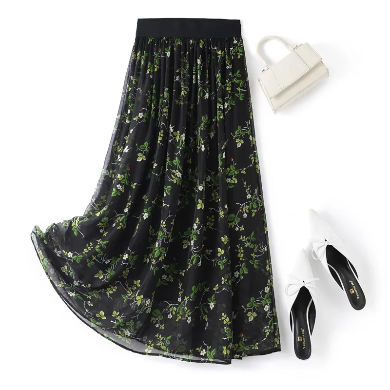 

100% Natural Mulberry Silk Summer Skirts For Women 2024 Black Printing High-waisted Skirt Korean Fashion Woman Clothes Xhl450