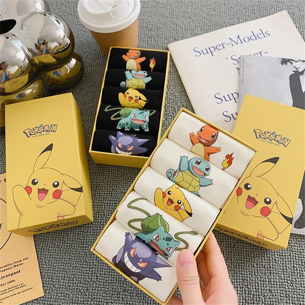 5PCS/Anime Pokemon Socks Box-packed Pikachu Psyduck Cartoon Figures Cotton Sock Socks Unisex Invisible Socks Cosplay Short Socks