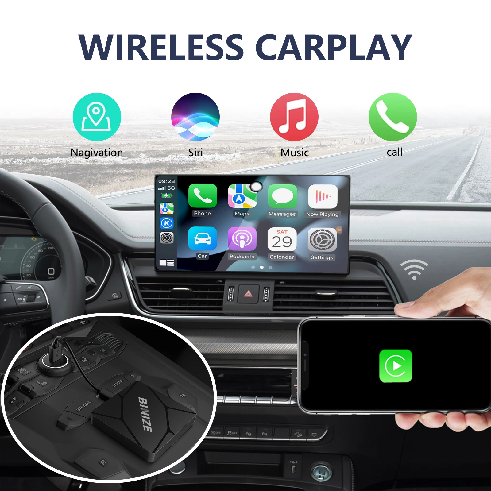 Binize adaptador inalámbrico CarPlay para coche, Dongle con cable OEM, Plug And Play para Volkswagen, Toyota, Peugeot, Volvo, Honda