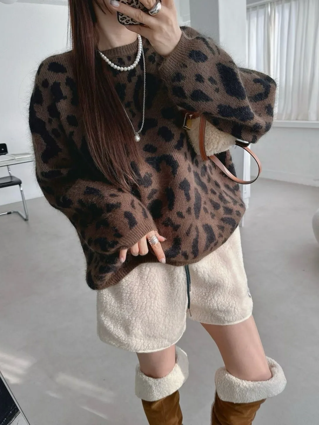 الرجعية شيك ليوبارد طباعة تريكو سترة المرأة Faion تنوعا تصميم الخريف الشتاء الدافئة لينة النسيج تخفيف جاهز #1