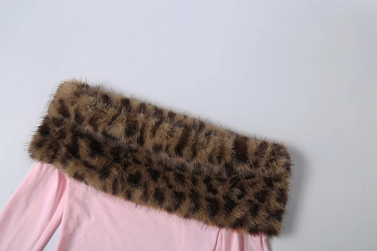 Nibber 2-teiliges Set für Damen, Leopardenmuster, pelziges Patchwork, Slash-Ausschnitt, volle Ärmel, T-Shirts + Miniröcke mit Strass-Dekoration, modische Anzüge – Detail 6