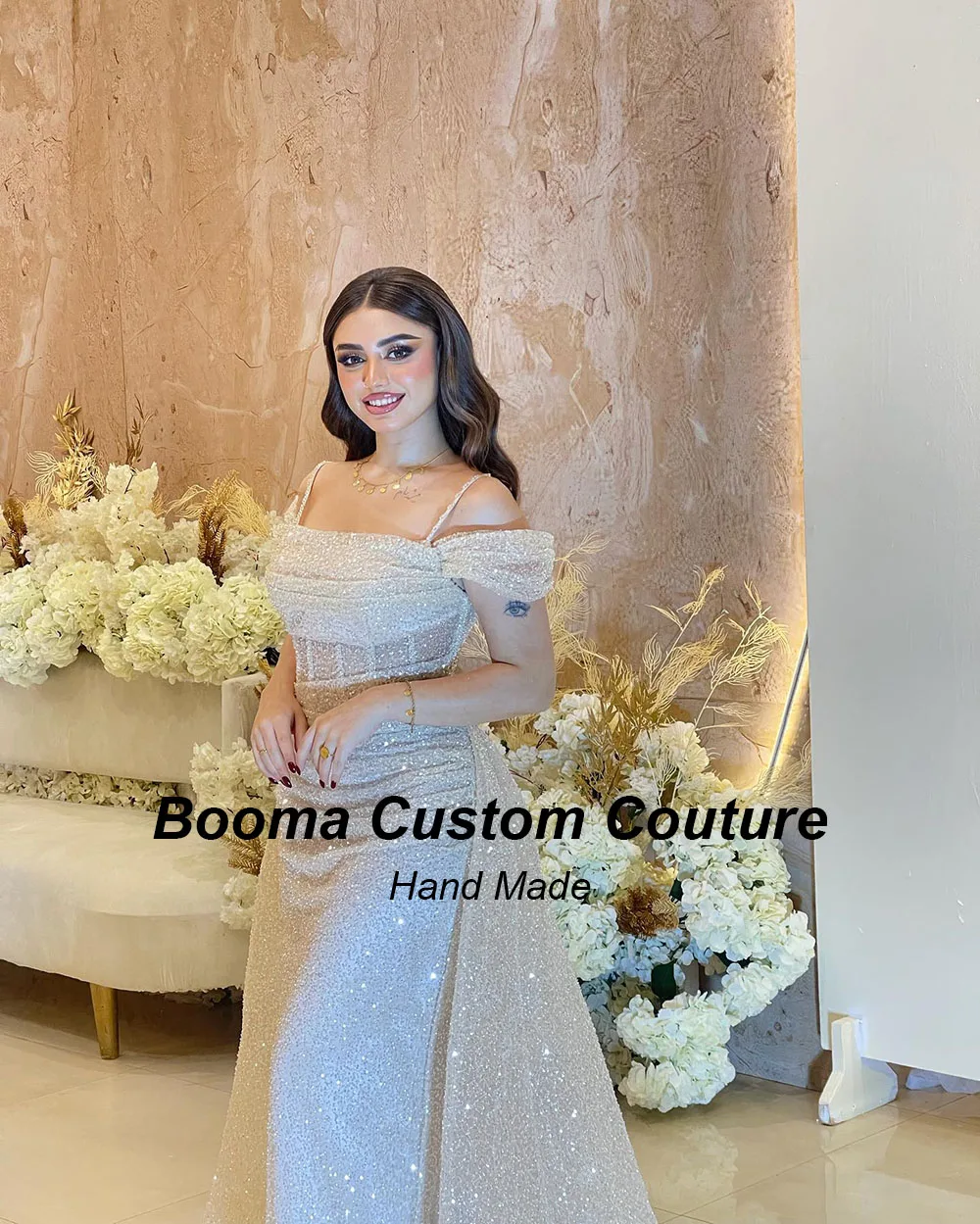 Booma Glitter Women's Evening Dresses Off Shoulder Boning Formal Dresses Dubai Sequined Wedding Party Dress for Women Customize