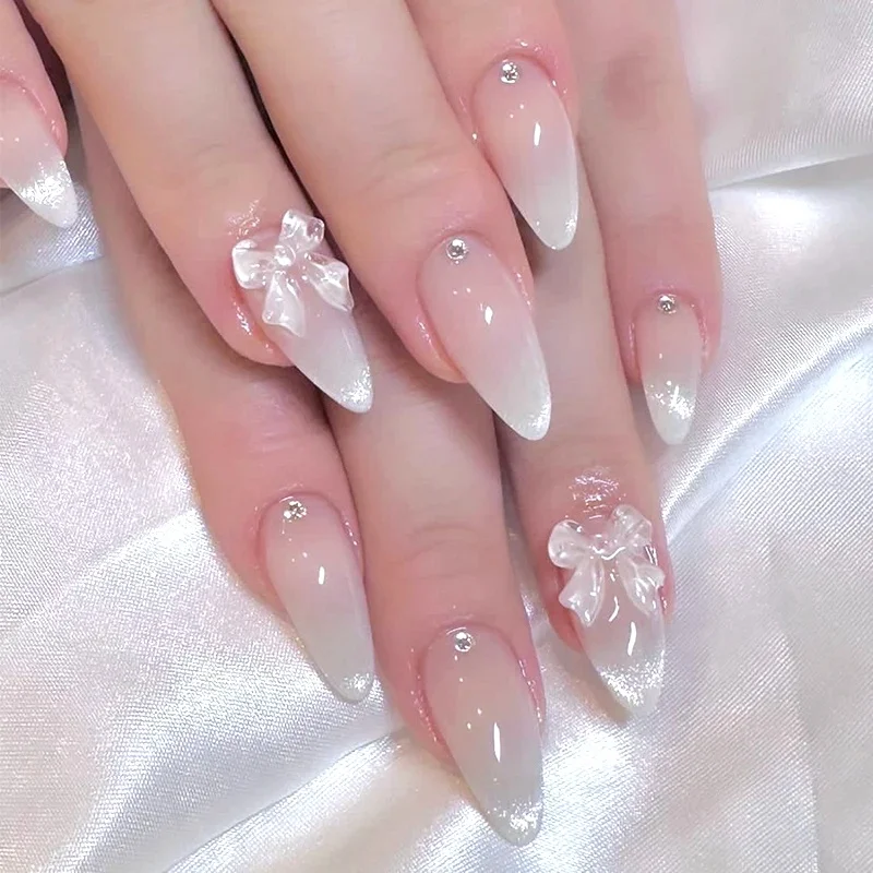 

24pcs Sweet Cat Eye French Press on Nails Diamond-Pointed Three Dimensional Bow Knot Wearable Nail For Women&Girl Almond Nail