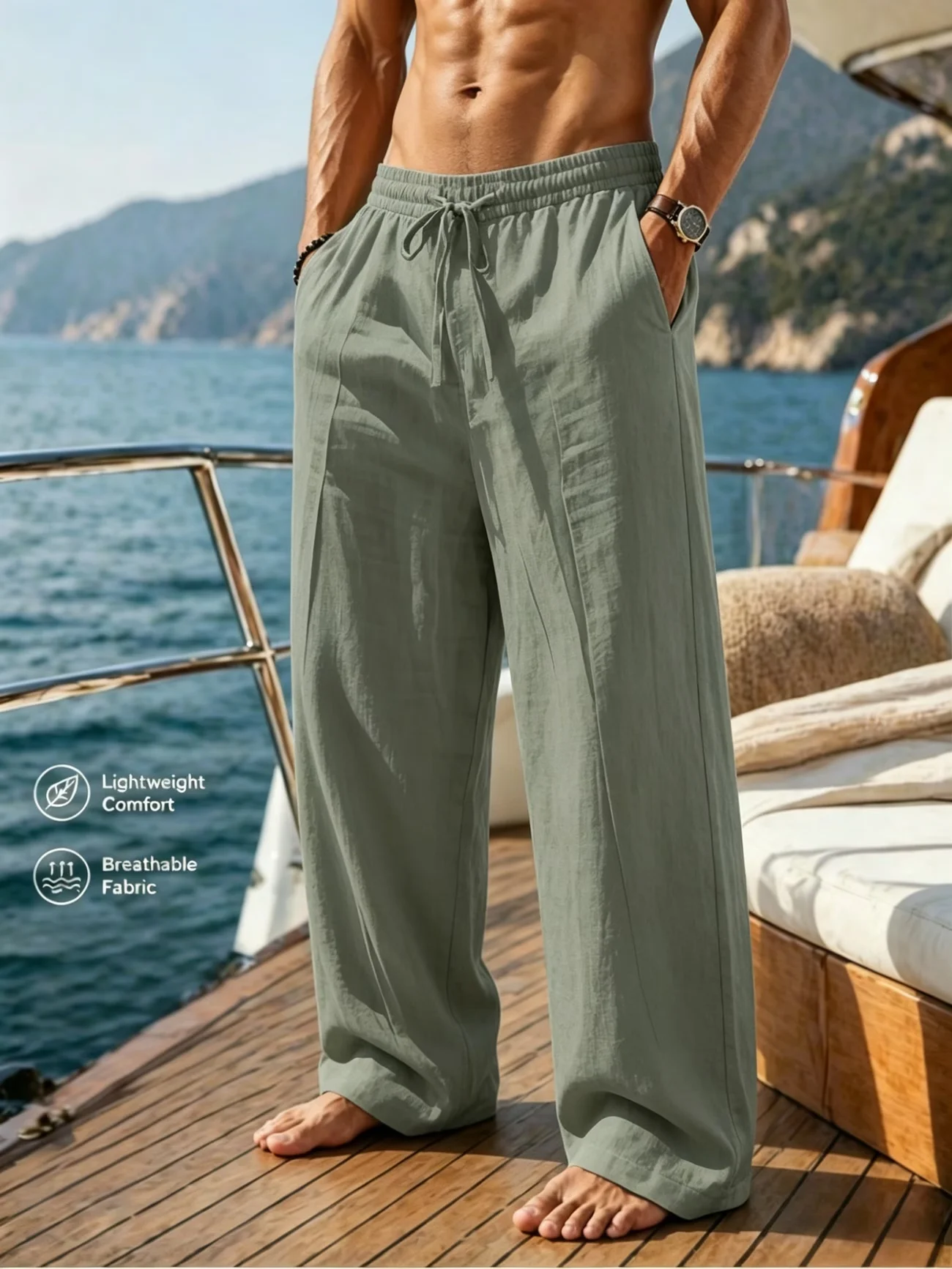 Herren Baumwoll-Leinen-Hose mit Weitem Bein, Elastischem Bund und Kordelzug, Leichte Atmungsaktive Sommer-Strand-Freizeithose – Detail 2
