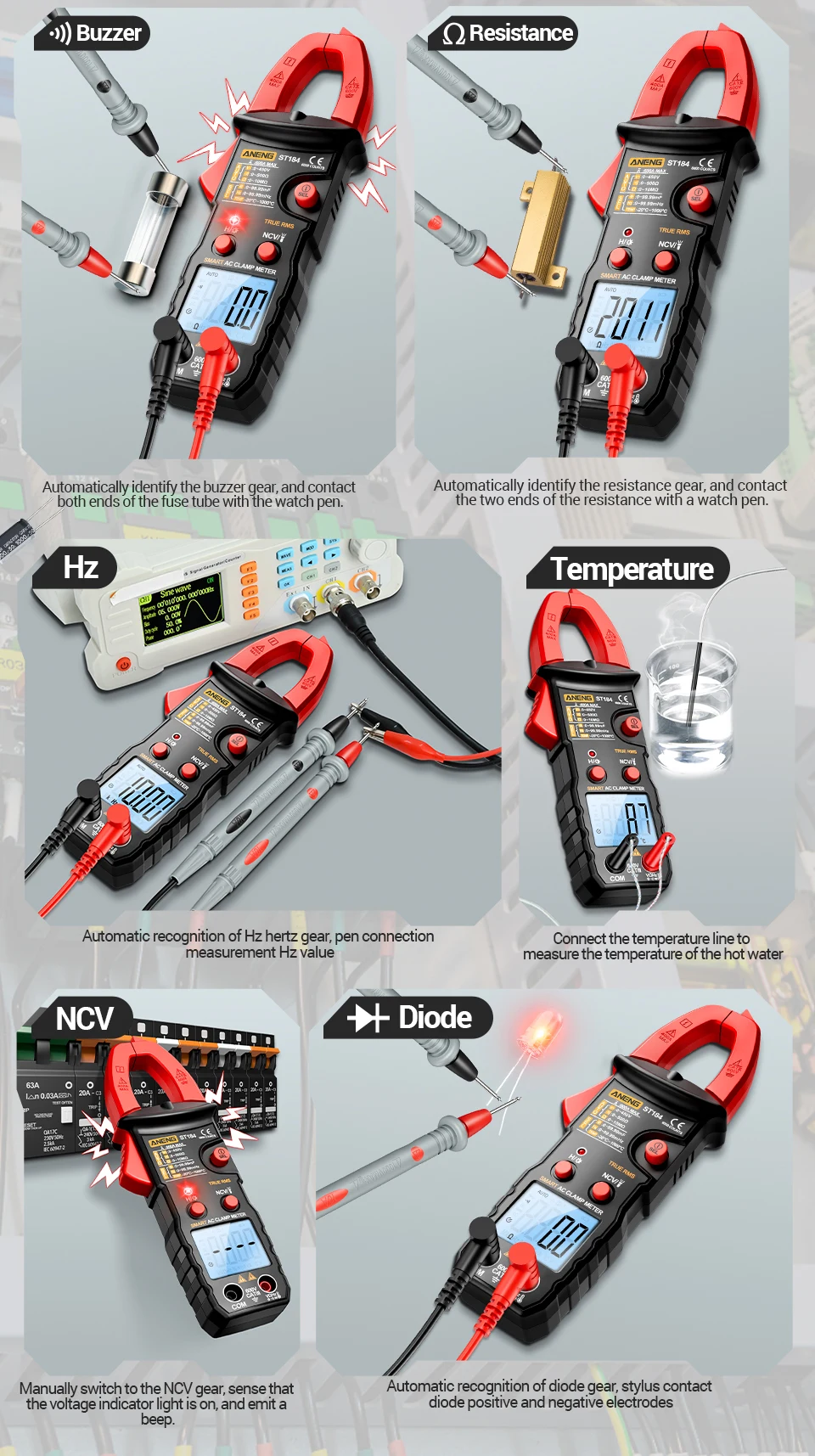 ANENG ST184 Digitalmultimeter, Zangenmessgerät, True RMS 6000 Zählungen, professionelle Messgeräte, AC/DC-Spannung, Wechselstrom, Ohm-Werkzeug – Detail 13