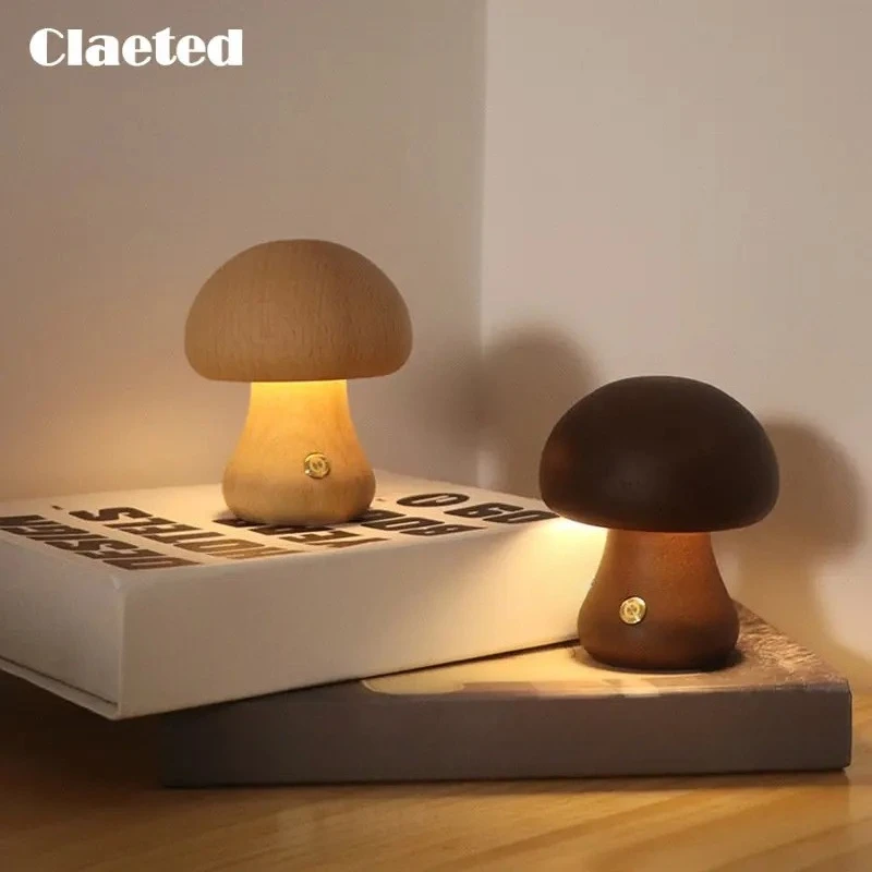 Claeted Wooden Mushroom Bedside Table Lamp Touch Switch INS LED Cute Night Light for Bedroom Childrens Room Sleeping Night Lamps