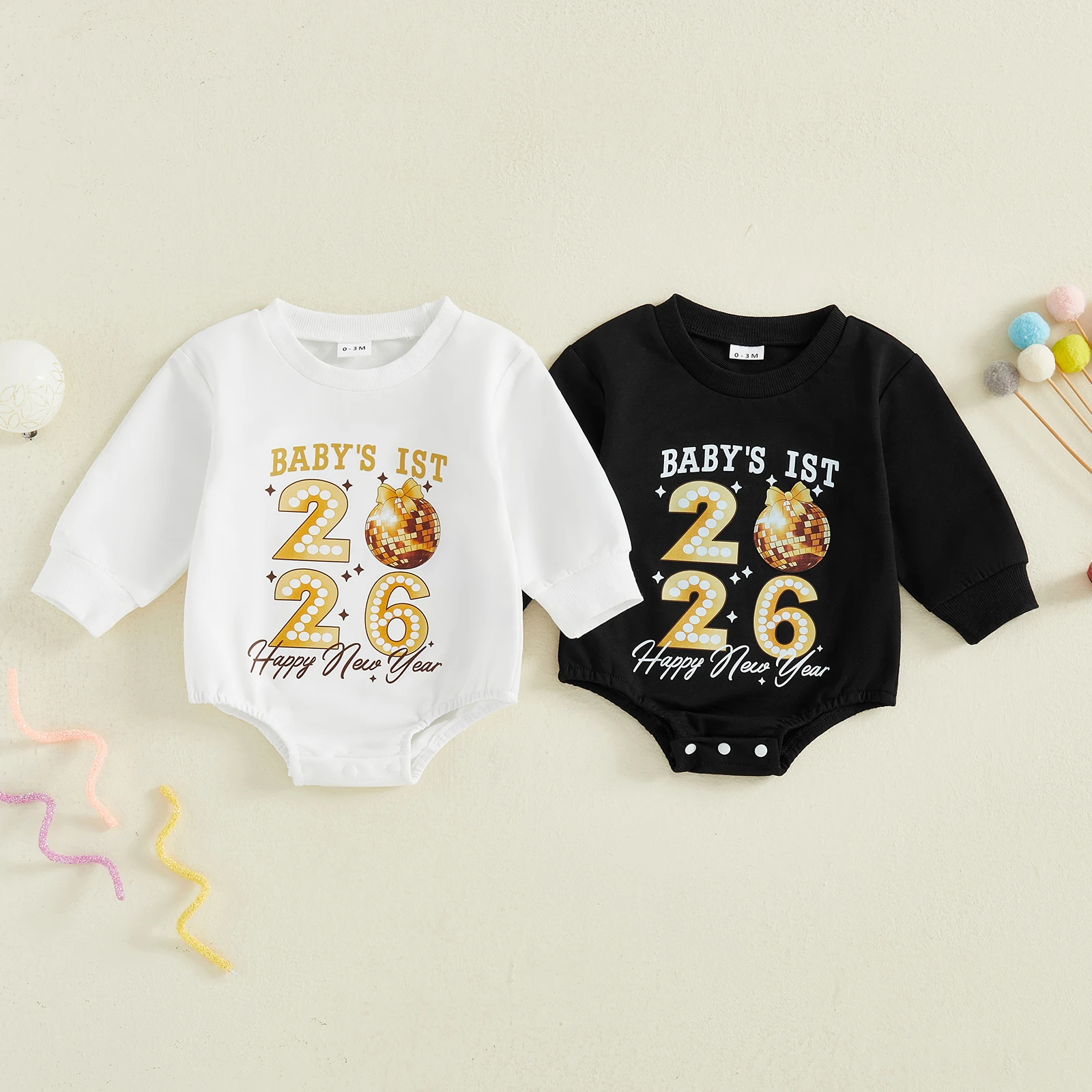 2026 جديد الرضع طفل السنة الجديدة رومبير رسائل عصرية مطبوعة جولة الرقبة طويلة الأكمام بذلة