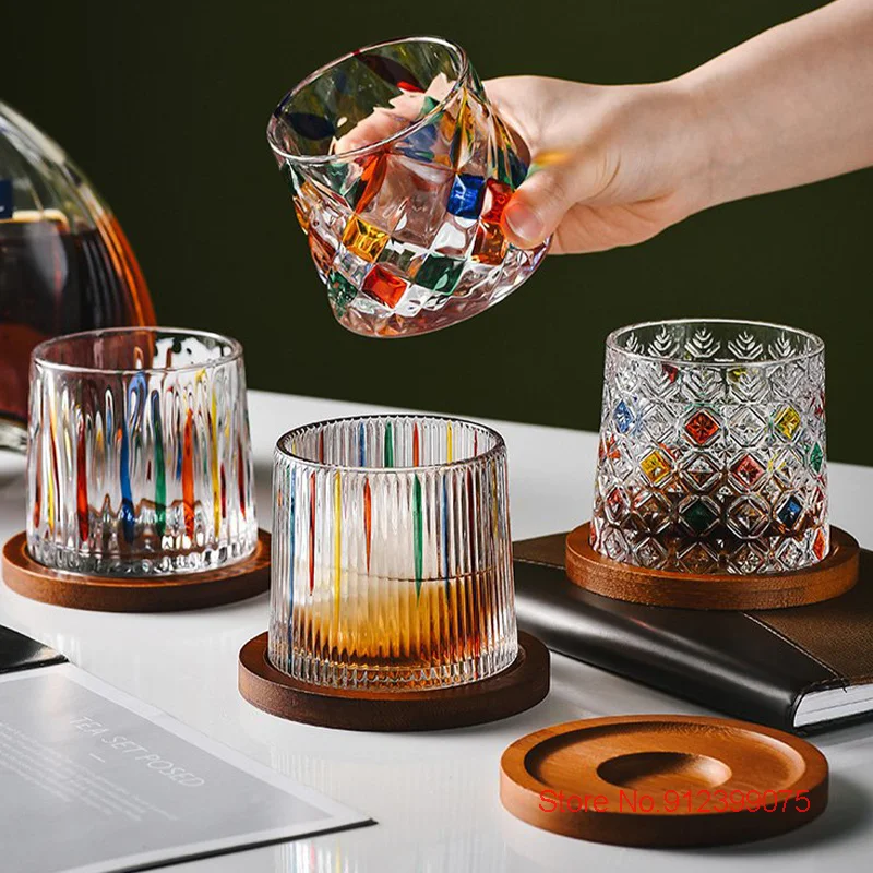 Rotating Crystal Whiskey Glasses With Wooden Coaster Italian Style Colorful Relaxed Drinking Wine Glass Stress Relief Whisky Cup