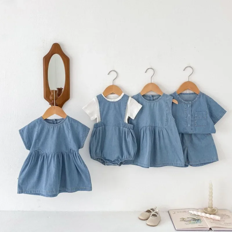 

HoneyCherry Summer Boys and Girls Thin Denim Short Sleeve Shirt Shorts Set Dress Soft Denim Romper Baby Girl Clothes