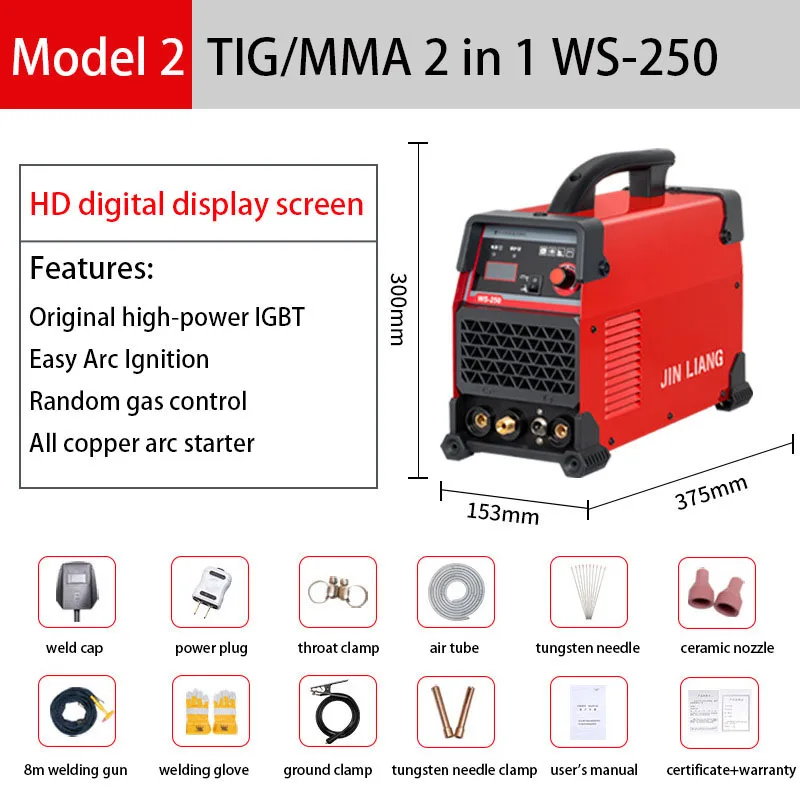 220V multifonctionnel en acier inoxydable TIG/MMA 2 en 1 soudeuse 250A IGBT onduleur Ac Dc fil de cuivre Argon Arc Machine de soudage WS-250