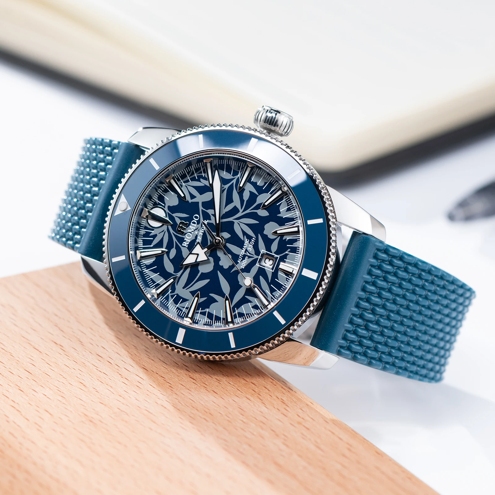 RIOMDO & RF Men's Mechanical Automatic Watch with Floral Blue Dial Luminous Hands 50m Waterproof Silicone Strap Sport Watch RD-6