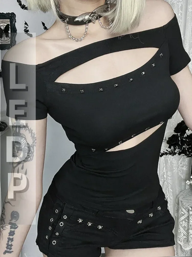 IMU Mall Gothic Sexy T-shirt Women Dark Cyber Punk Streetwear Hollow Out Rivets Short Sleeve Off-the-shoulder Crop Tee Tops