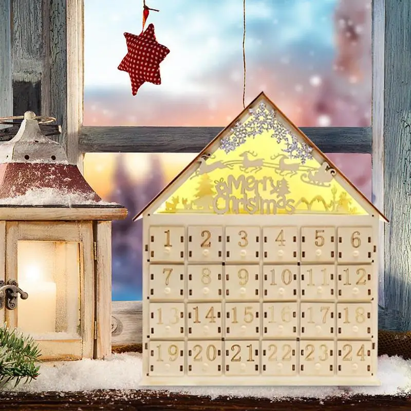 Wooden Advent Calendars 24 Days Countdown Elk House Advent Calendars Kit With LED Lights Merry Christmas Advent Box For Kids