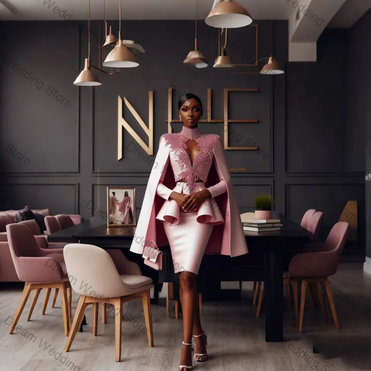 Pink Luxury Women Suit Set 2 Pcs Blazer+Prom Dress High Neck Cotton Formal Office Lady Jacket Customized Wedding Guest Coat