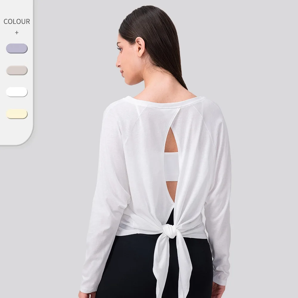 Women Solid Color Yoga Cover Up Loose Long Sleeve Cutout Top Tie Back Breathable Running Fitness T-shirt