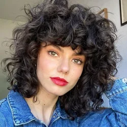 Short Curly Wigs for Black Women Soft Black Big Curly Wig with Bangs Afro Kinky Curls Heat Resistant Natural Looking Synthetic W
