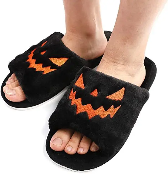 New Women Winter Fluffy Flat Slippers Soft Warm Shoes Home Shoes Halloween House Slippers Black Fluffy Couple Slippers Slides