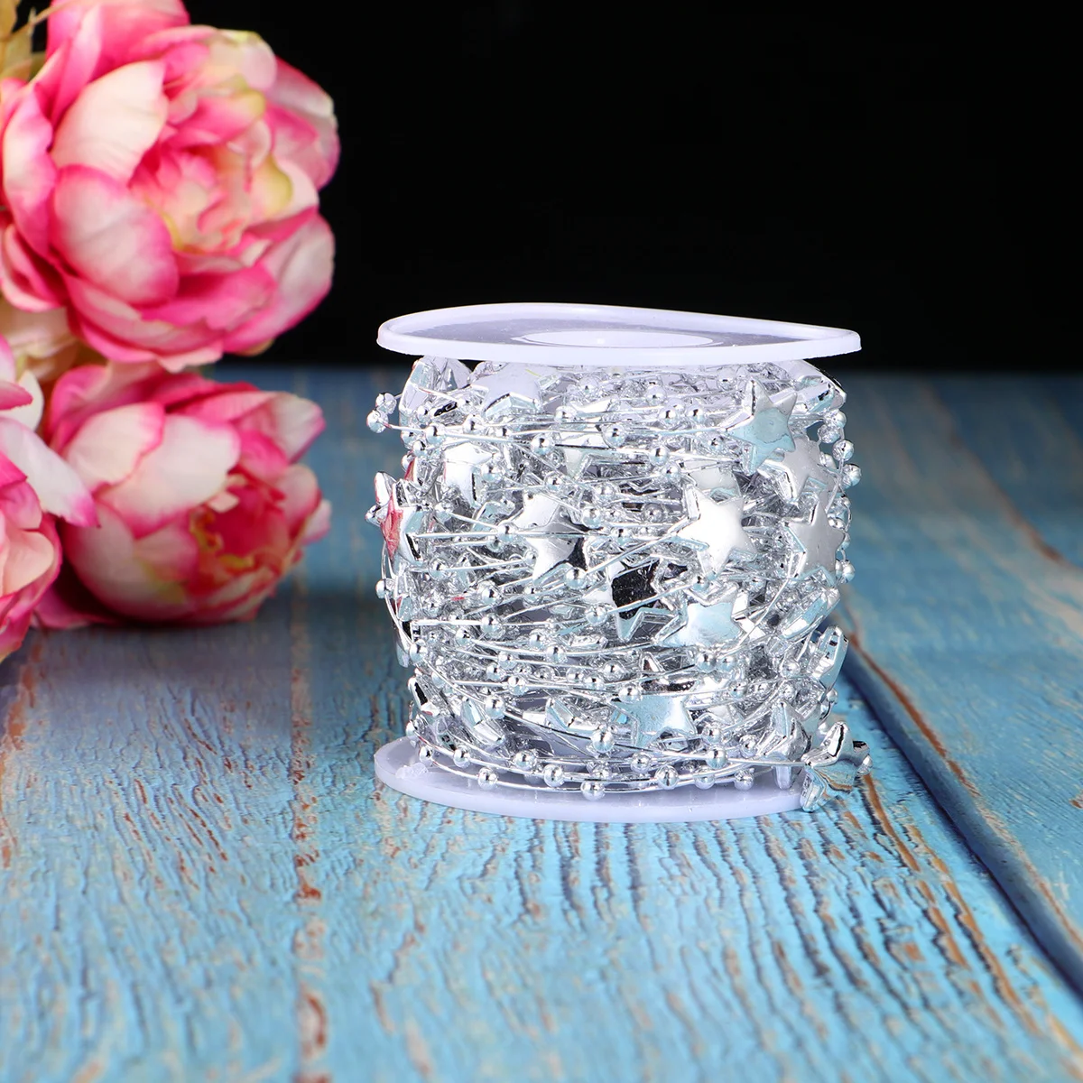 

10M Roll Five-Pointed Star String Beads Chain Silver Glossy Uniform Decorative Beads For Diy Wedding Christmas Valentine Home