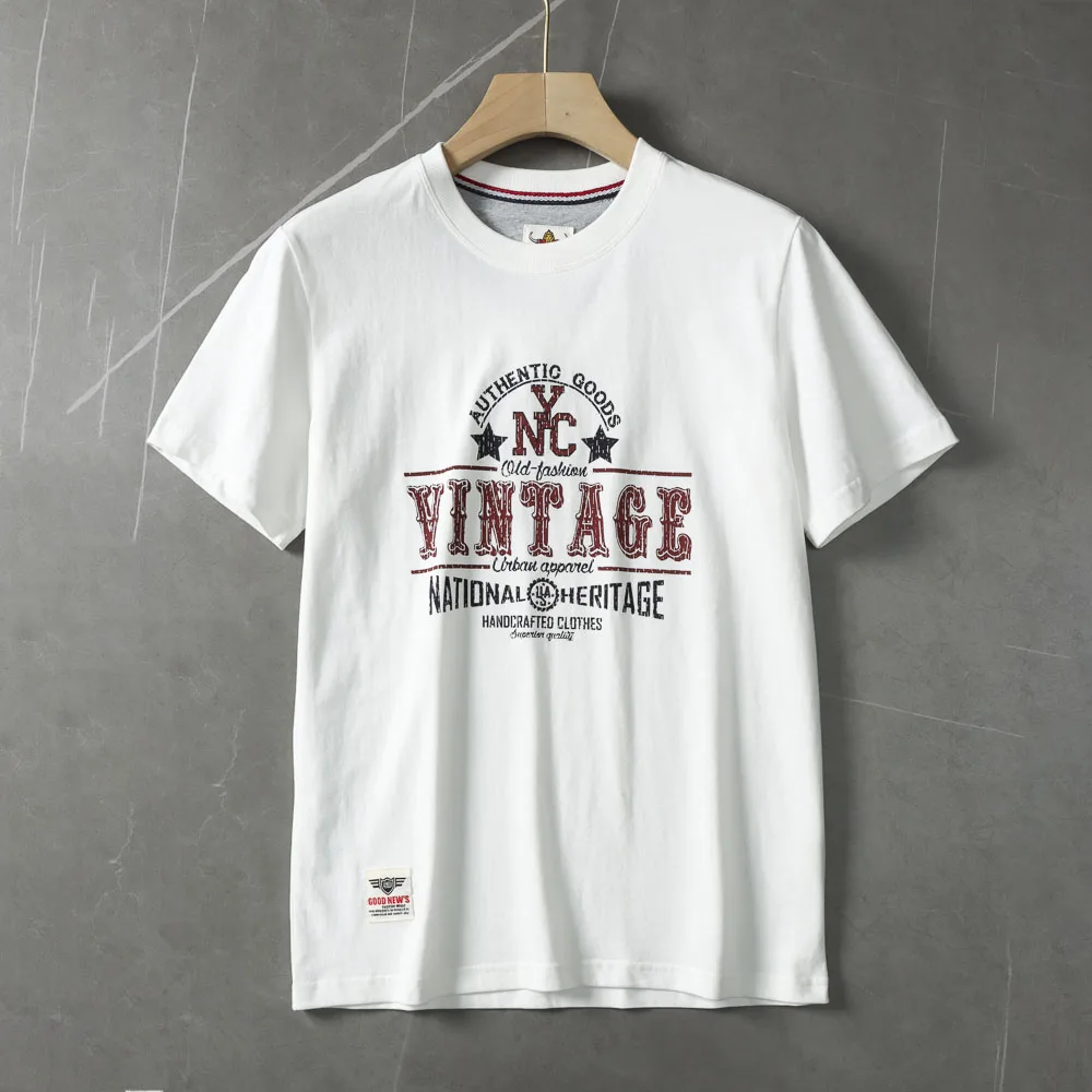 2025 Summer New American Retro Short Sleeve O-neck Letter Printed T-shirt Men's Fashion 100% Cotton Washed Casual Sports Tops