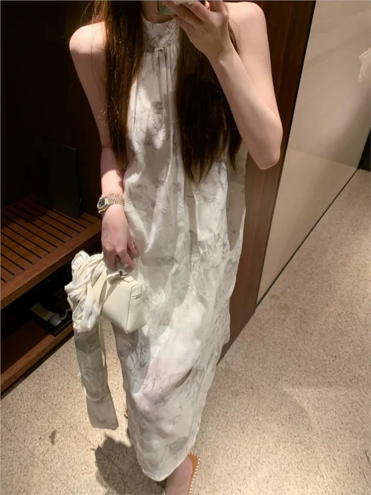 Summer New Chinese Style Sleeveless Midi Dress Ink Design Sense Halter-neck Lace-Up Back Split Vestido Elegant Vacation Dress