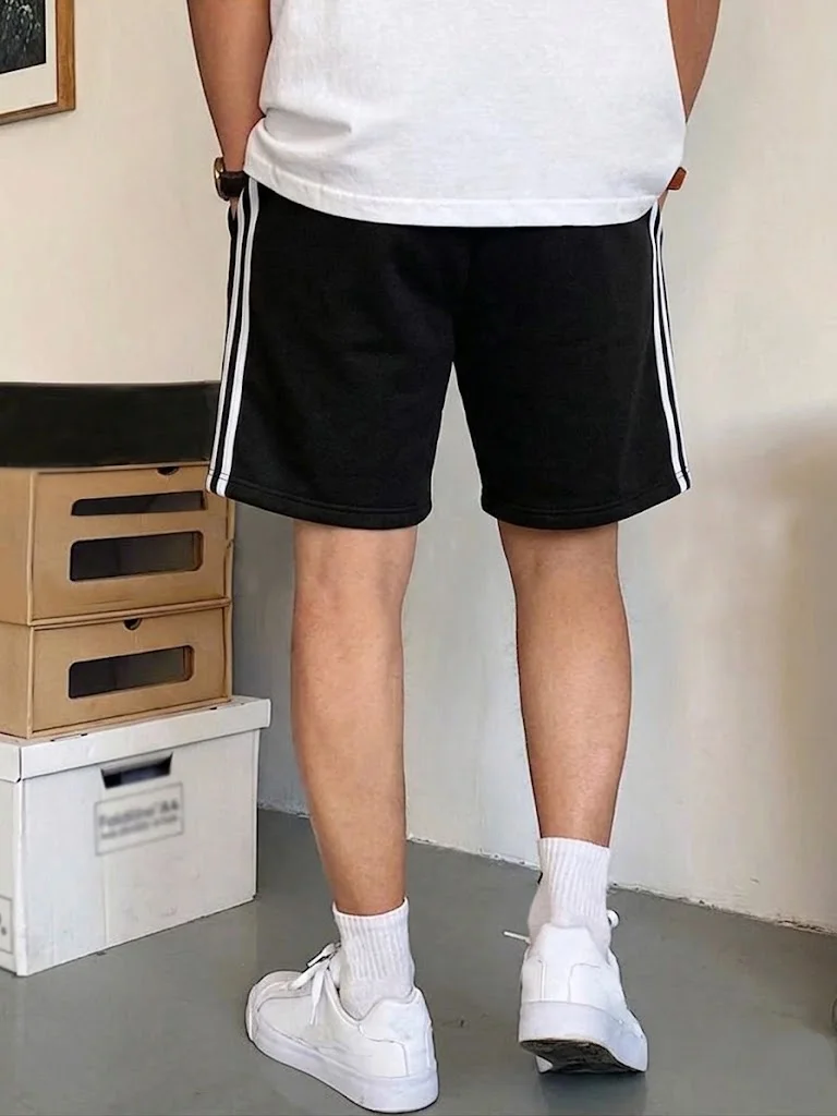 Men Sweat Shorts Elastic Drawstring Black Side Striped Loose Knit Casual Sports Gym Running Daily Workout Jogger Shorts