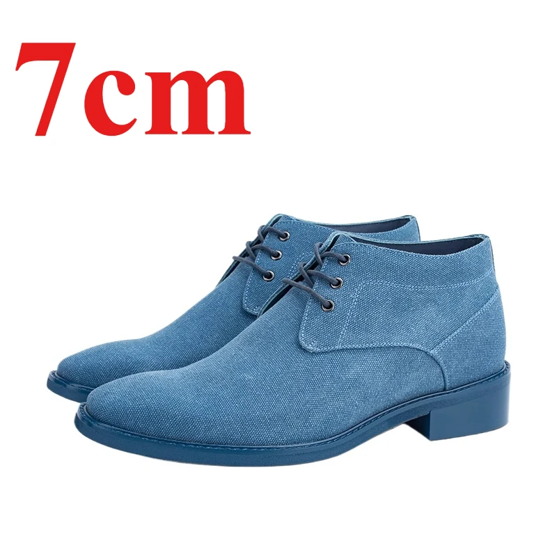 Invisible Heightening Shoes for Men Blue Canvas and Cowhide 7cm Increase Business Casual boots Genuine Leather Men's Dress Shoes