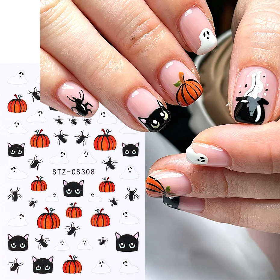 2pcs Cute Spooky Black Cat Pumpkin Nail Stickers Cartoon Halloween Ghost Spider Nail Art Decal Fall Autumn Manicure Decorations