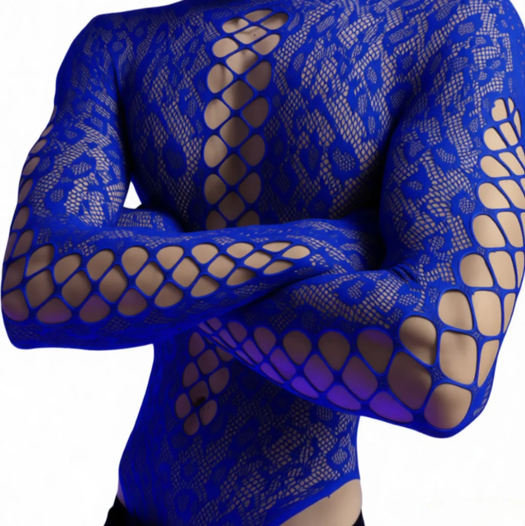 

Men's Blue Bodysuits Black White Leopard Pattern Jumpsuit with Breathable Hollow Out Men's Club Night Wear Mesh Sexy lingerie