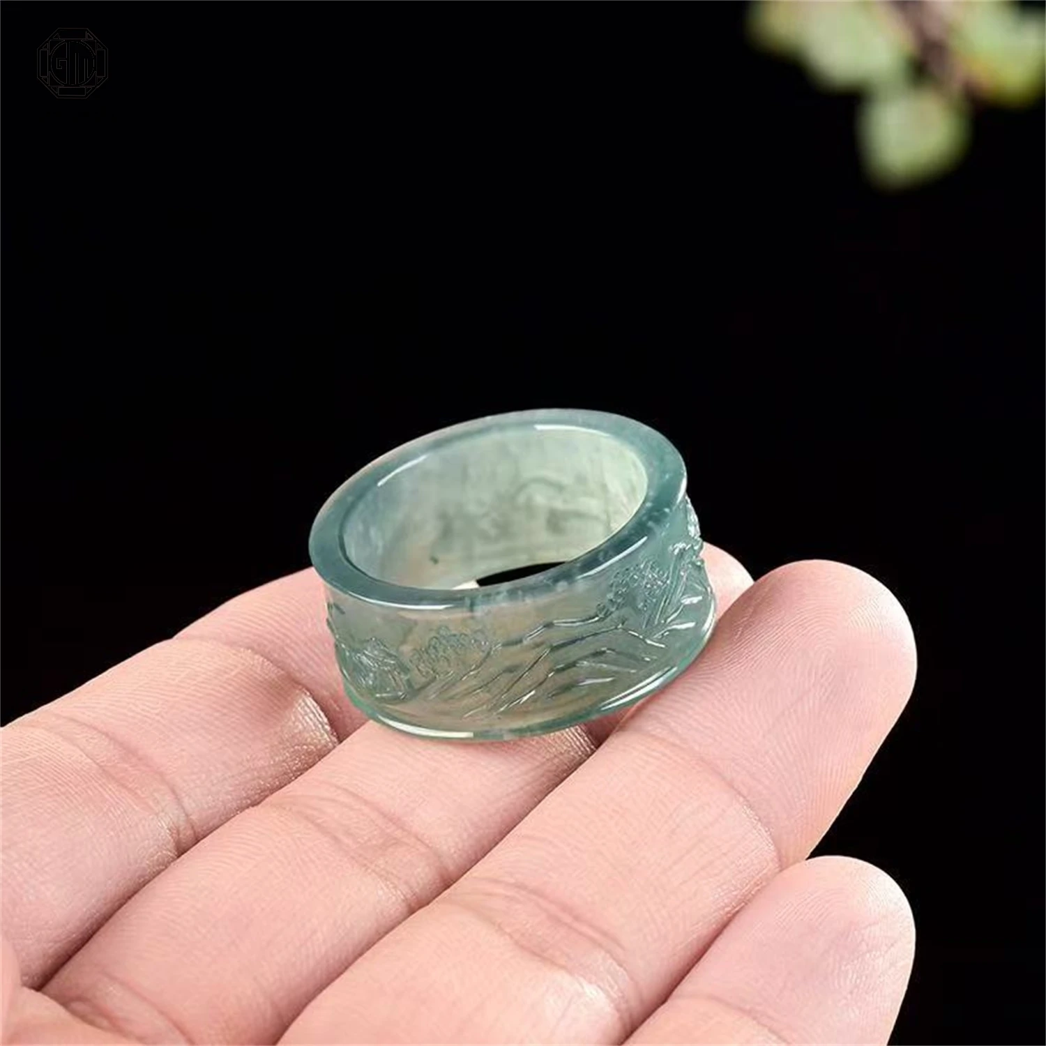 Natural Grade A Jadeite Blue Water Landscape Thumb Ring Ice Translucent Unisex Men Women Couple Gemstone Band Jewelry Gift view 2