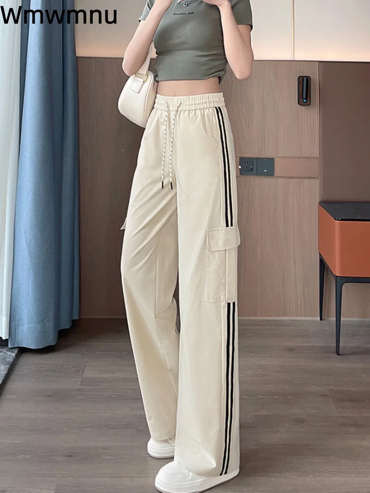 

Cargo Baggy High Waisted Drawstring Pants Women's Casual Loose Straight Pantalones Wide Leg Striped Sweat Trousers Spodnie