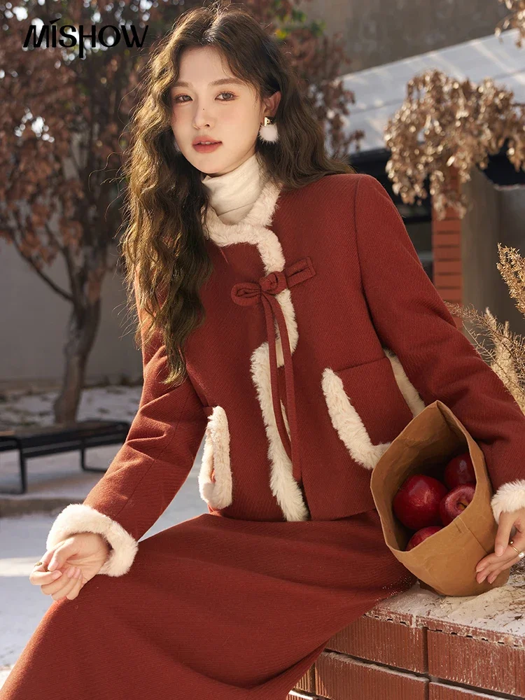 MISHOW Chinese Style Sets for Women 2 Pieces Down Jacket Slit Long Skirt Two Piece Set New Year Female Clothing MXC57Y0028