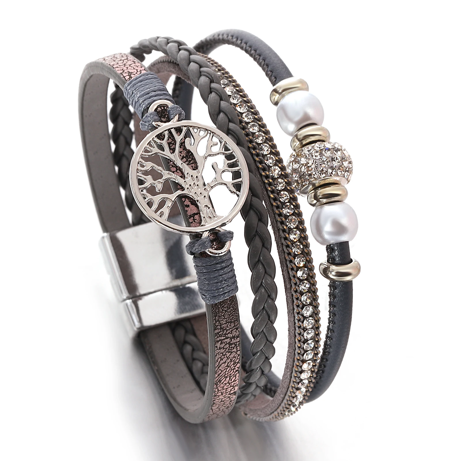 ALLYES Vintage Baum des Lebens geflochtenes Lederarmband Boho Strass Perlen Perle bunte Manschette Armreif Armbänder für Frauen