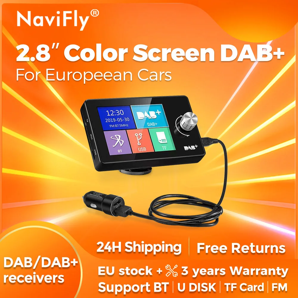 Navifly 2.8-inch Color Screen DAB+ European FM Transmitter Digital Broadcast Car Radio Video Display Bluetooth MP3 Digital AUX