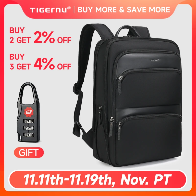 Mochila expandible Tigernu, bolsos finos para hombre, mochila de viaje impermeable para hombre, mochila para ordenador portátil de 15,6 pulgadas, mochila