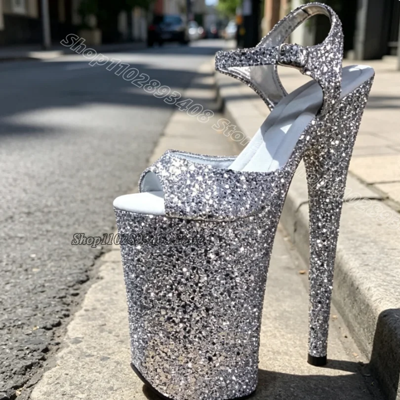 Red Glitter Nightclub Sandals Stiletto 20CM Ankle Buckle PlatformStylish Dancing for Women Pole Dance Shoes Zapatos Para Mujere