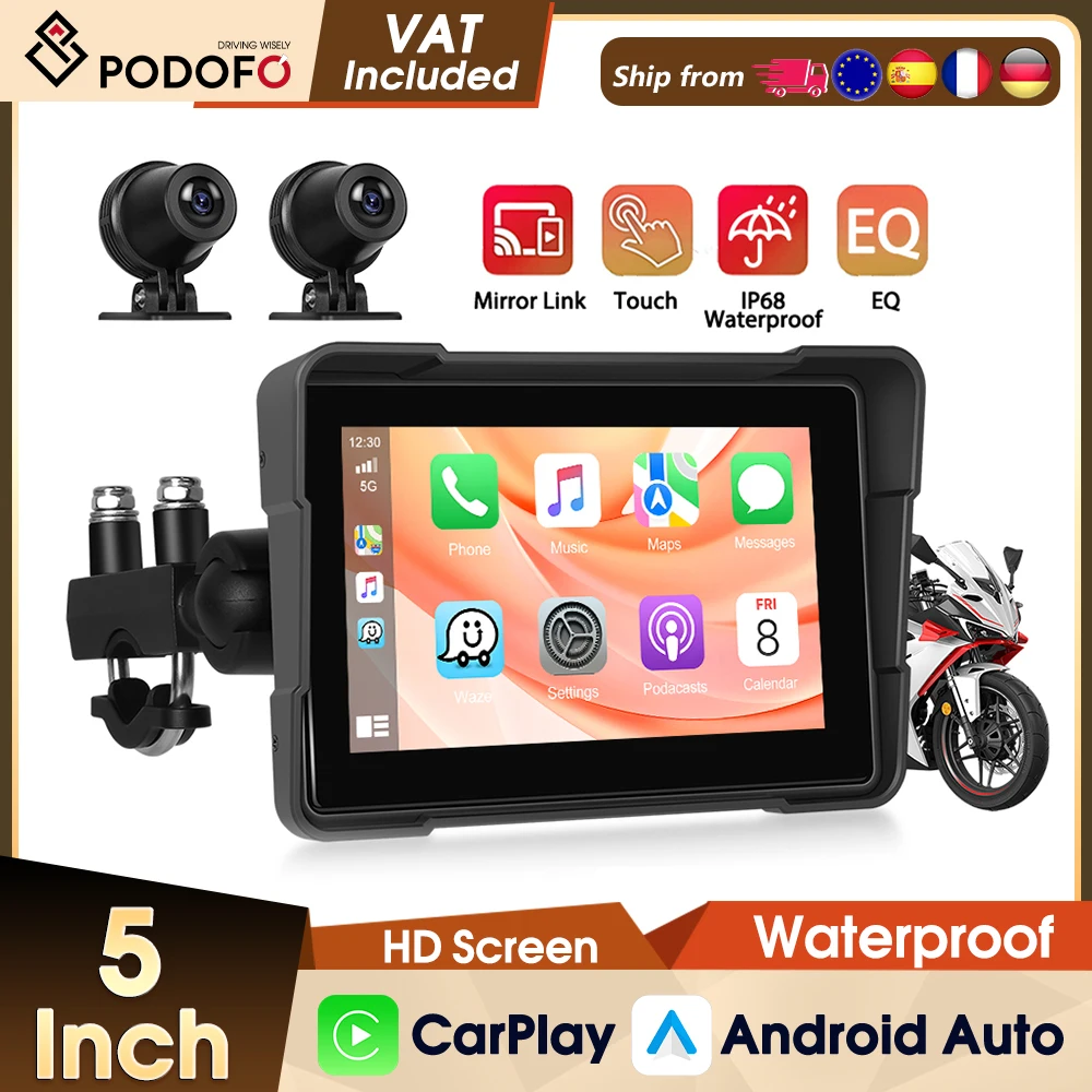 Podofo 5-Zoll-HD-Motorrad-DVR, IP68 wasserdicht, Navigation, GPS, kabelloses CarPlay, Android Auto, verstellbarer Winkel, tragbarer Monitor