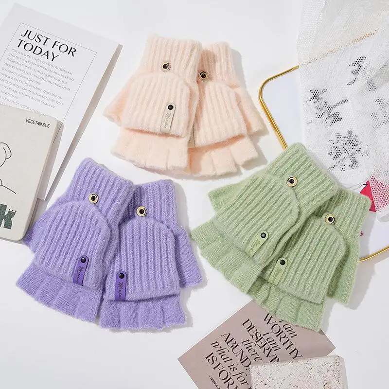 قفازات دافئة سميكة نصف إصبع لفصل الشتاء، قفازات نسائية محبوكة بدون أصابع مناسبة للكتابة للطلاب. #2