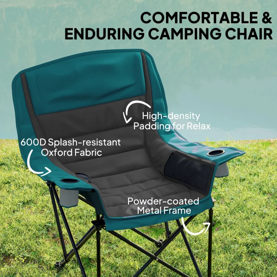 Kursi Berkemah Empuk untuk Dewasa Kursi Berkemah Lipat Portabel dengan Kantong Samping Tempat Cangkir Tas Jinjing Hitam