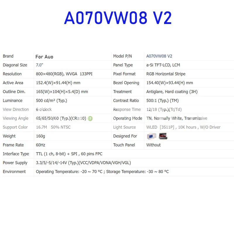 A070VW08 V2 Painel de tela LCD de 7,0 polegadas original industrial para Auo novo 100% testado