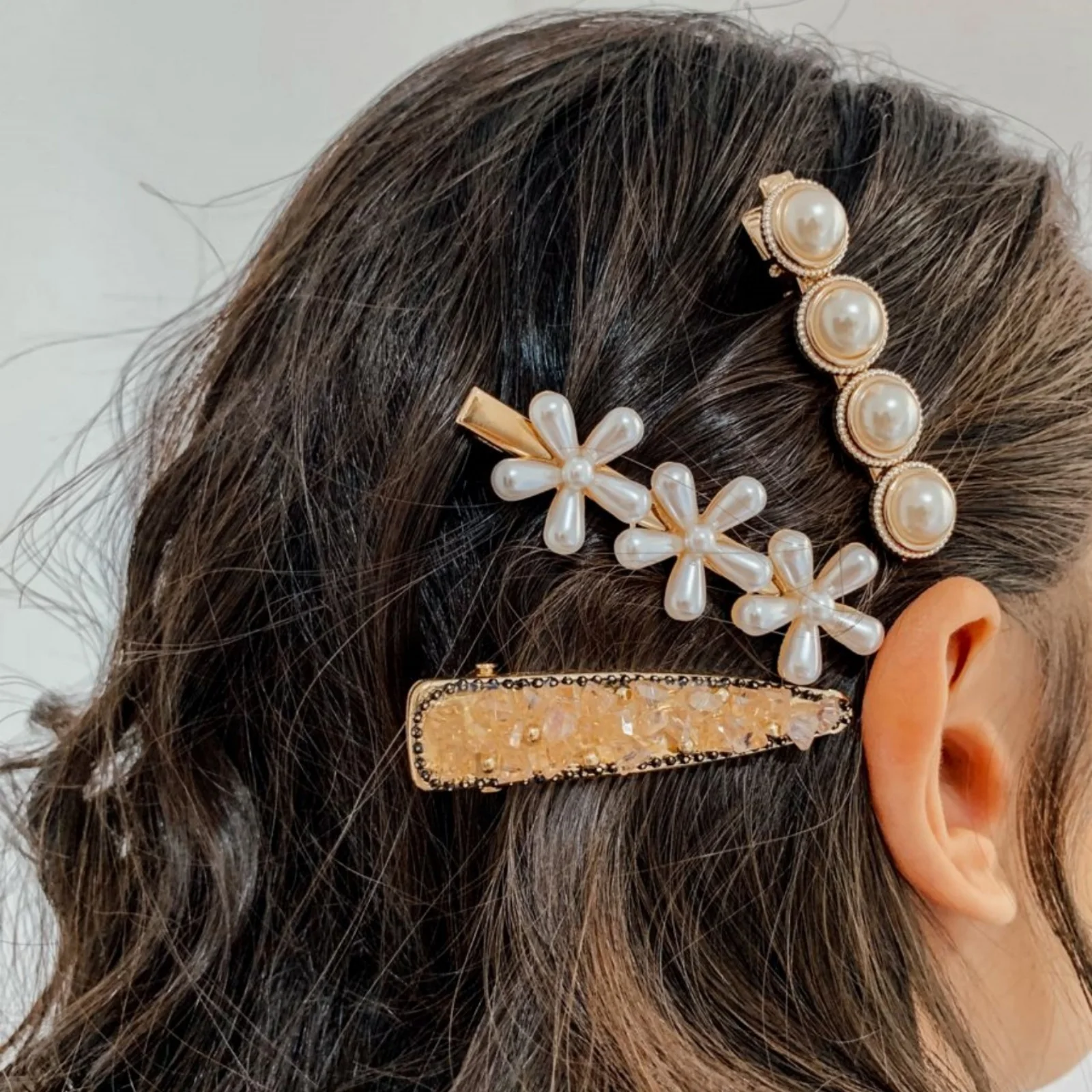 

3PCS Pearl Flower Hair Clip, Women's Elegant Gold Hair Accessories, Sparkly Crystal Hairpins, Stylish Daily Party Hair Decor
