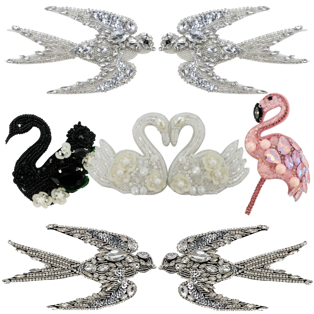 2pcs Sequins Beaded Cross Flower Patches Swallows Heart Fringe Applique Swan Birds Rhinestone DIY Sewing Accessories