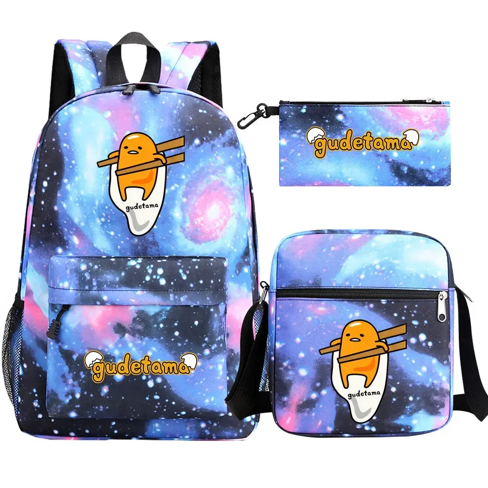 MINISO  New Kawaii Gudetama 3Pcs Boy Girl Kids School Book Bags Backpack Shoulder  Bag Pen Bags For Men Women