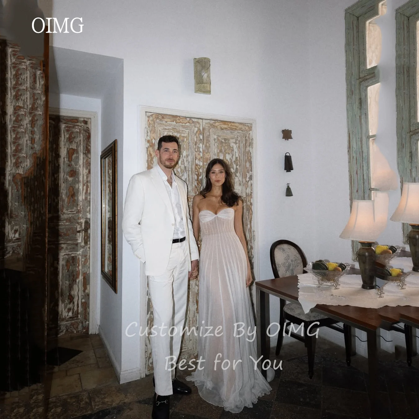 OIMG Graceful Ivory Lineated A-line Wedding Dress Sweetheart Neck Bride Dresses Floor Length Wedding Gowns 2025 Customized